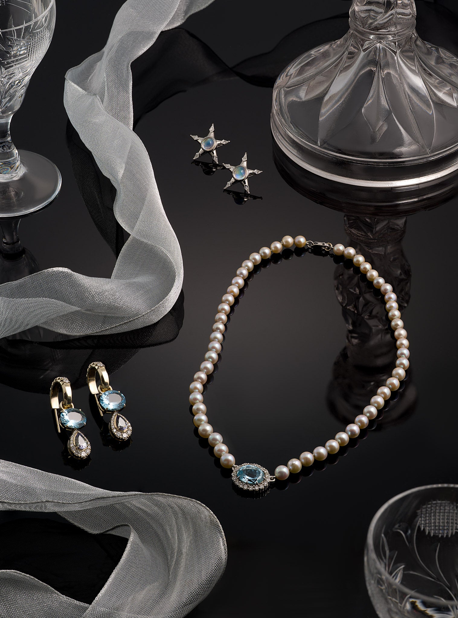 COSMIC STUD EARRINGS - RAINBOW MOONSTONE & DIAMOND