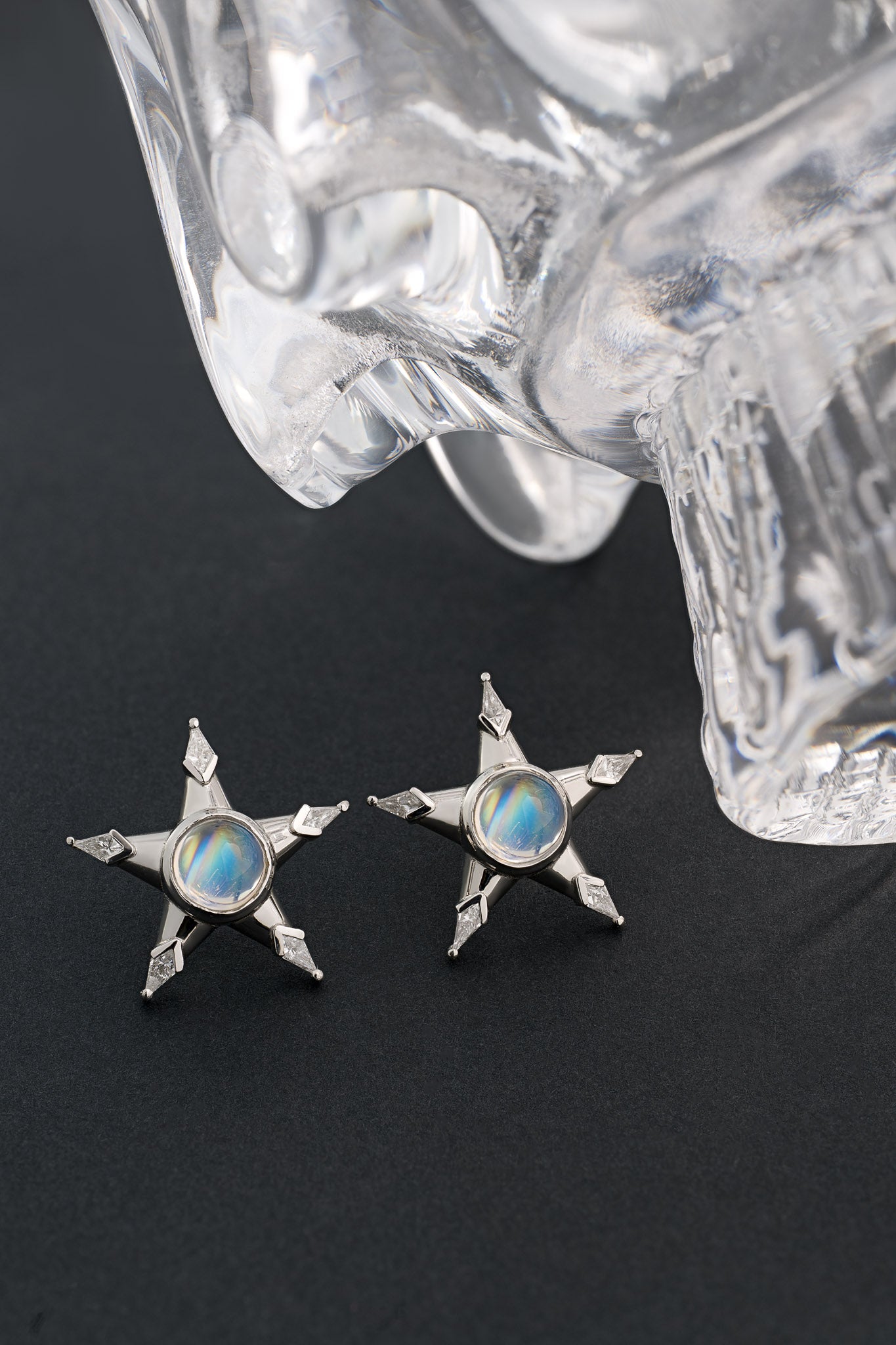 COSMIC STUD EARRINGS - RAINBOW MOONSTONE & DIAMOND