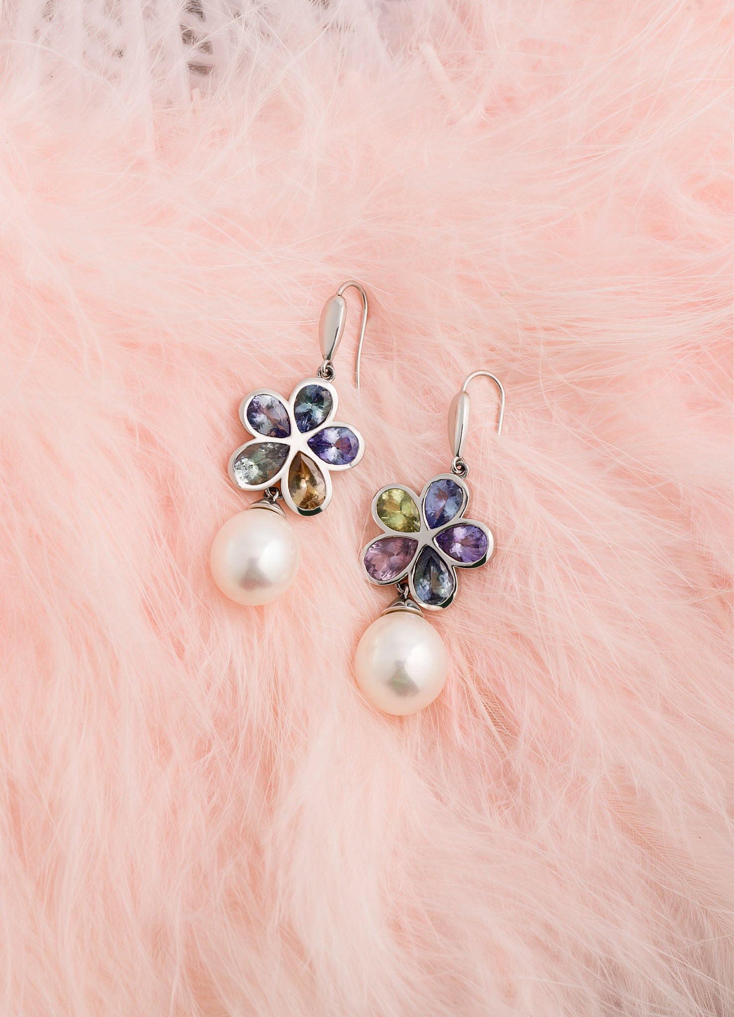 FLOWER DROP EARRINGS - FANCY TANZANITE & SOUTH SEA PEARL