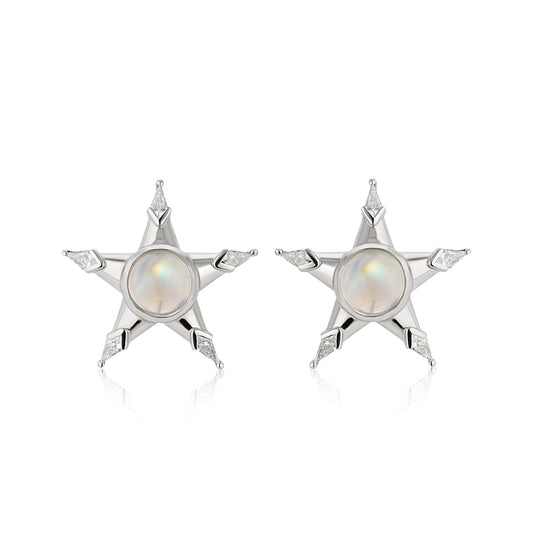 COSMIC STUD EARRINGS - RAINBOW MOONSTONE & DIAMOND