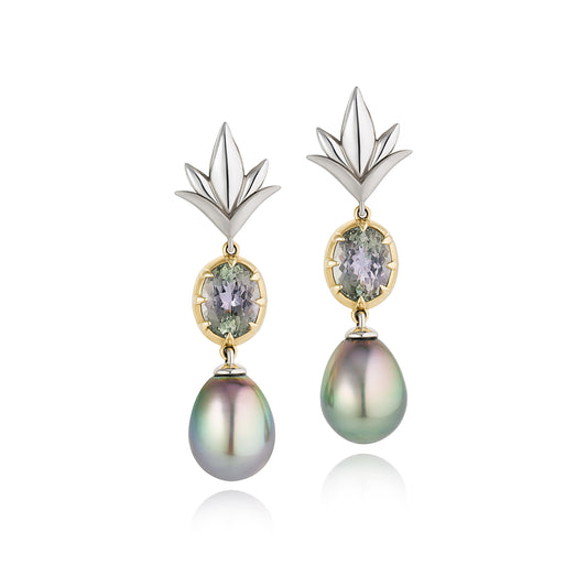 LOTUS EARRINGS - PEACOCK TANZANITE & TAHITIAN PEARL