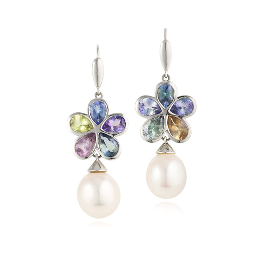FLOWER DROP EARRINGS - FANCY TANZANITE & SOUTH SEA PEARL