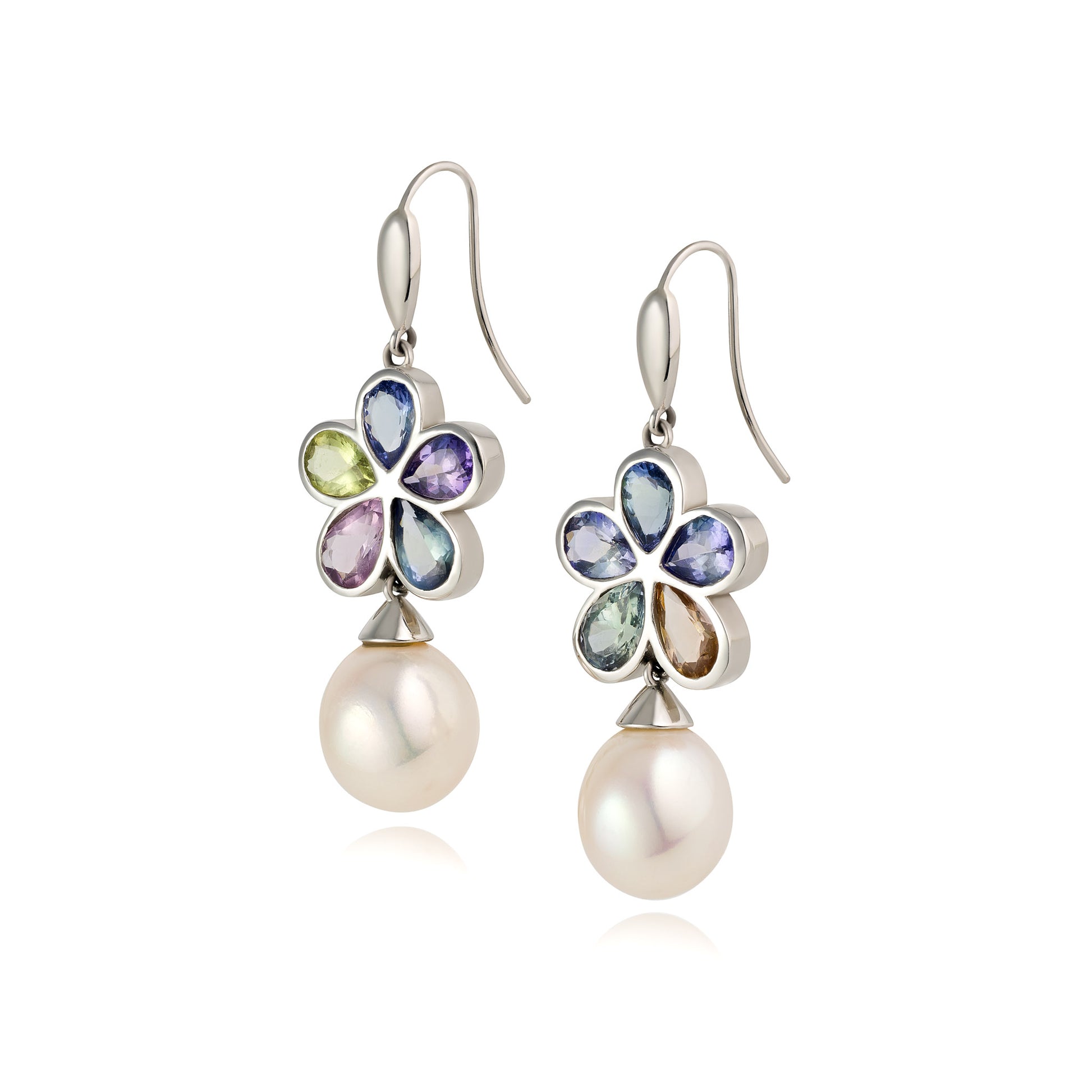 FLOWER DROP EARRINGS - FANCY TANZANITE & SOUTH SEA PEARL